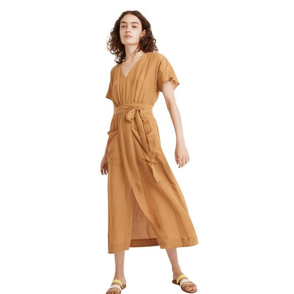 Madewell Linen-Blend Dolman-Sleeve Tie-Waist Midi V-Neck Dress Size 2 - Picture 1 of 9